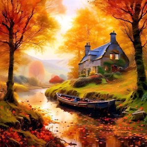 Gemälde einer Hütte im Wald mit einem Bach, Herbstlandschaft von F. Abderrahim