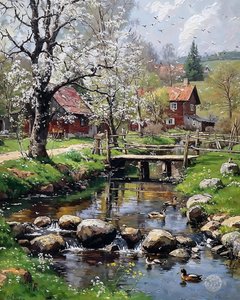 Das Mühlenhäuschen im Frühling, Öl auf Leinwand, gerahmter Wandschmuck