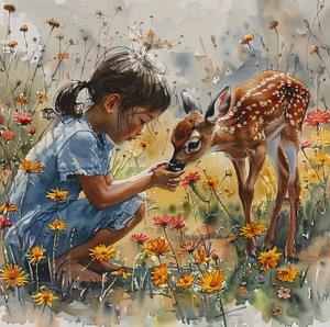 Aquarell Mädchen füttert ein Rehbaby, gefleckte Rehe von F. Abderrahim
