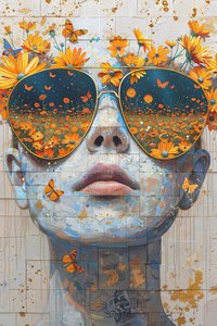 Frau Gesicht Nahaufnahme mit Olympus Blumen, moderne Wanddekoration von F. Abderrahim