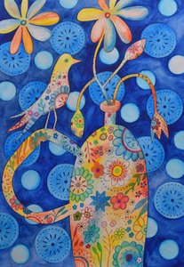 Vogel auf Blumenvase von Marys Watercolors