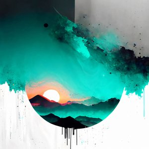 Abstrakter minimalistischer Sonnenaufgang auf Weiß mit Türkisakzenten