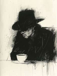 Schwarze minimalistische Skizze eines Mannes, der Kaffee trinkt von F. Abderrahim