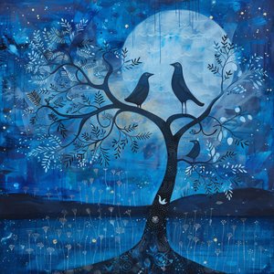 Blauer Mond & Vogel, Sternennacht Magie von F. Abderrahim