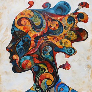 Silhouette einer Frau, farbige Haare  Swirls, große Leinwanddrucke von F. Abderrahim