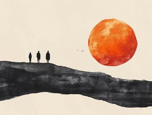 Minimalistische Einlinienzeichnung einer Wüstenprozession von F. Abderrahim