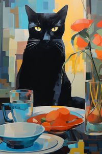 Gemälde einer schwarzen Katze, die Blumen isst von F. Abderrahim