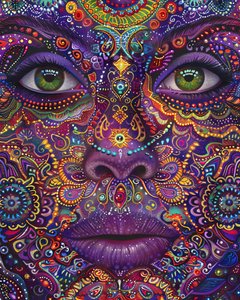 Psychedelische Frau mit buntem Gesicht und Mandala-Mustern von F. Abderrahim