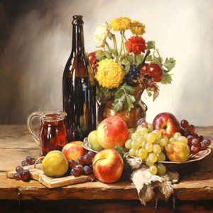 Stilllebenmalerei, Blumen, Früchte & Wein von F. Abderrahim