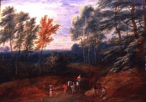 Eine bewaldete Landschaft mit Reisenden in einem Heuwagen