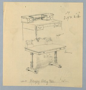 Entwurf und Skizze für "Mahagoni-Schreibtisch" von A.N. Davenport Co.