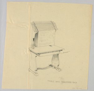 Entwurf für Tisch mit bündigem Zeitungsständer von A.N. Davenport Co.