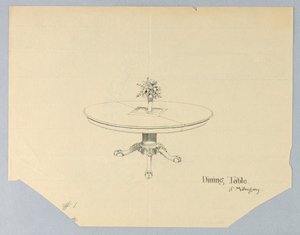 Entwurf für einen Esstisch aus Mahagoni mit einer Blumenvase von A.N. Davenport Co.