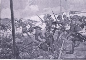 Angriff der Scots Fusiliers bei Frederikstad, Illustration aus After Pretoria: The Guerilla War, 1902