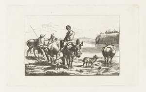 Landschaft mit Hirtin auf Maultier und Hirte mit Kühen