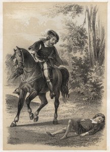 Jacques Amyot (1513-1593), im Alter von 10 Jahren von einem Reisenden gerettet. Gravur von A. Duruy in „Illustrations littéraires de la France; oder, Galerie anecdotique de nos principaux auteurs ints par leurs actions et leurs inscriptions“ von J.B. Maigr von A. Duruy