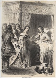 Madame Deshoulieres, Antoinette Ligier de La Garde (1637-1694), überwältigt von Fragen ihres Umfelds nach einer Nacht in Angst vor dem Geist. Gravur von A. Duruy in „Illustrations litteraires de la France; or, Galerie anecdotique de nos pr...