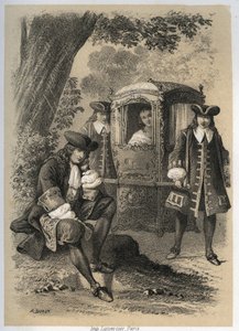 Marie Anne Mancini (1649-1714), Herzogin von Bouillon, trifft eines Morgens in Versailles auf Jean de La Fontaine (Lafontaine), der unter einem Baum sitzt; am Abend findet sie ihn an derselben Stelle. Gravur von A. Duruy in „Illustrations littéraires de la
