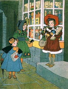 Ein Besuch im Spielzeugladen, Seite aus einem illustrierten Kinderbuch von A. E. Moore