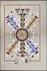 Zeichnungen, die die Grabstätte von "Cadunce" einem Chippewa-Indianer "Medizinmann", eine Navajo-Sandmalerei und Crow-Steinmalereien darstellen von A. Grossman