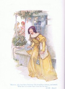 Beatrice, die mit atemloser Spannung zugehört hatte, rief: "Welches Feuer ist in meinen Ohren, kann das wahr sein?" (Viel Lärm um nichts), aus Tales from Shakespeare, veröffentlicht von Ward Lock & Co Ltd von A. Jackson