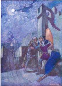 "Aus ihnen hervorbrechend, folgte Hamlet wohin auch immer der Geist führte", aus Tales from Shakespeare, veröffentlicht von Ward Lock & Co Ltd, 1930-40er Jahre