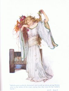 Ophelia wurde völlig verwirrt und ging umher und verschenkte Dinge an die Damen des Hofes (Hamlet), aus Geschichten aus Shakespeare, veröffentlicht von Ward Lock & Co Ltd von A. Jackson