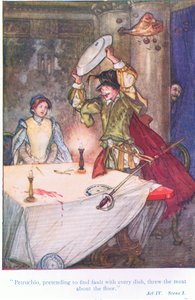 Pettruchio, der vorgab, an jedem Gericht etwas auszusetzen zu haben, warf das Fleisch auf den Boden (Der Widerspenstigen Zähmung), aus Geschichten von Shakespeare, veröffentlicht von Ward Lock & Co Ltd von A. Jackson