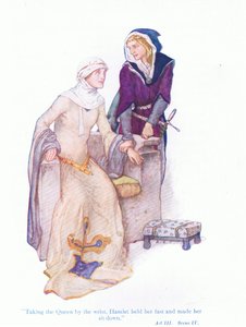 Hamlet packte die Königin am Handgelenk, hielt sie fest und setzte sie hin (Hamlet), aus Tales from Shakespeare, veröffentlicht von Ward Lock & Co Ltd, 1930-40er Jahre von A. Jackson