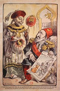 Karikatur, die die Heuchelei und Doppelmoral Westeuropas in ihrer Kritik und ihrem Verhalten gegenüber China und dem Osmanischen Reich anprangert
