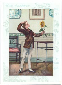 Der Blumenschauer Viktorianische Grußkarte eines Ästheten, der eine Sonnenblume in Ekstase bewundert, ca. 1881 (Farblithografie) von A. Ludovici