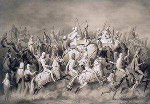 Chir Singh, Maharadscha der Sikhs und König von Punjab mit seinem Gefolge auf der Jagd in der Nähe von Lahore, 1859