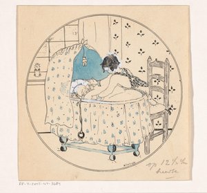 Mädchen will Baby aus der Wiege heben von A. Tinbergen (signed by artist)