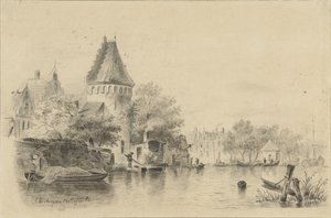 Landschaft mit einem Turm am Wasser von A. van Ameyden