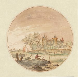 Landschaft mit einem Angler und einem Schloss von Aarnout ter Himpel