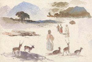 Blatt mit Studien von Hirschen, Figuren und Landschaft von Aaron Edwin Penley