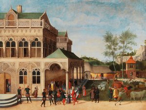 Eine elegante Loggia mit dem Heiratsantrag von Isaak an Rebekka, 1616 von Abel Grimmer