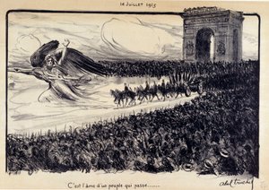 Erster Weltkrieg: „Es ist die Seele eines vorbeiziehenden Volkes“ Feier am 14.07.1915. Die Allegorie der Republik führt das Volk vor dem Arc de Triomphe in Paris. Zeichnung von Abel Truchet (1857-1918) von Abel Truchet