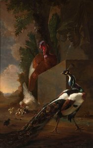 Ein Pfau, Truthahn und Huhn mit ihren Küken neben einem klassischen Brunnen in einer Landschaft