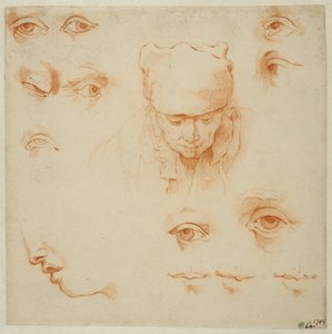 Kopf einer alten Frau und Studien von Augen und Mündern von Abraham Bloemaert