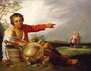 Hirtenjunge zeigt auf Tobias und den Engel