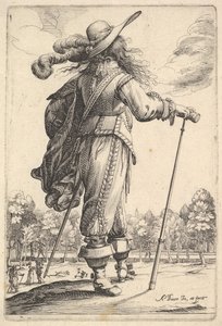 Ein Herr, von hinten gesehen, geht nach rechts mit einem Stock und trägt einen Federhut ..., 1629 von Abraham Bosse
