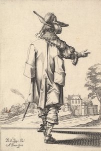 Ein Herr, von hinten gesehen, mit ausgestrecktem rechten Arm und einem Umhang über der linken Schulter von Abraham Bosse