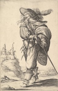 Ein Herr, der nach links geht und sein Schwert aus der Scheide zieht, trägt eine Feder..., 1629