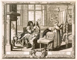 Ehemann mit Frau auf dem Schoß am Kamin, Bosse, Abraham