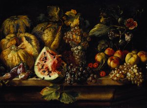 Stillleben mit Wassermelone, Trauben, Pflaumen, Pfirsichen, Kirschen und anderem Obst auf einem Sims von Abraham Brueghel