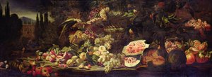 Stillleben mit Früchten, einem grünen Papagei und einer silbernen Vase von Abraham Brueghel