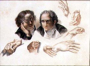 Studien von zwei Köpfen und Händen eines Gentlemans
