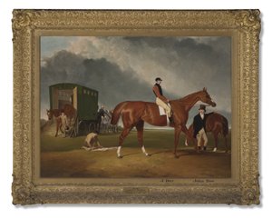 Porträt von Lord George Bentincks Pferd Elis mit Reiter John Day und Trainer John Doe, Doncaster, 1836 von Abraham Cooper