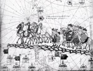 Ms Esp 20 Tafel 4, Kaufleute reisen nach Cathay, China, in den Fußstapfen von Marco Polo, Detail zeigt die Familie von Marco Polo, die mit einer Kamelkarawane reist, aus dem Katalanischen Atlas veröffentlicht für Charl